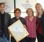 Wendy receiving fourth place in Australian of the Year awards, with son Tim, daughter Katy (far right) and partner Beatrice.