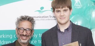 Awards for best practice in SLCN Young Person of the year Jonathan Middleditch with awards host David Baddiel.