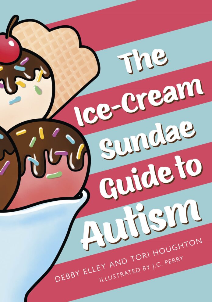 Sundae12.99 The cover of 'The Ice-Cream Sundae Guide to Autism', with a large sundae on the left and a blue-and-pink striped background
