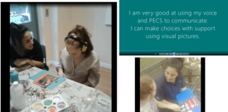 Moving into adult life with digital stories Pictures from a digital story; featuring text 'I am very good at using my voice and PECS to communicate. I can make choices with support using visual pictures.' and pictures of E doing those activities.