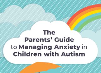 The Parents’ Guide to Managing Anxiety in Children with Autism The cover of 'Parents' guide to managing anxiety in chidlren with autism', with a rainbow, and a dad holding his daughters' hand under an umbrella.