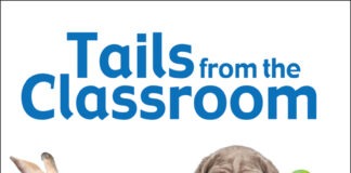 Tails From the Classroom The cover of 'tails from the classroom', with a blue and white background and a bunny, cat, dog and parrot on it.