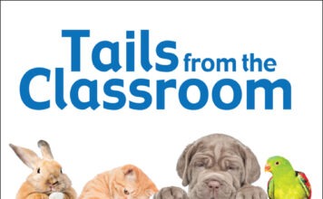Tails From the Classroom The cover of 'tails from the classroom', with a blue and white background and a bunny, cat, dog and parrot on it.