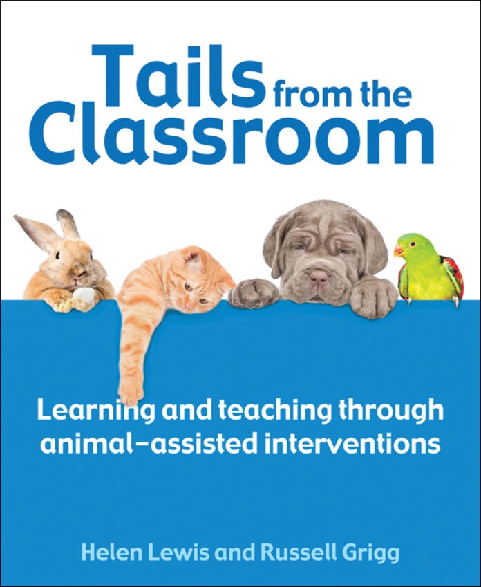 9781785835056 The cover of 'tails from the classroom', with a blue and white background and a bunny, cat, dog and parrot on it.
