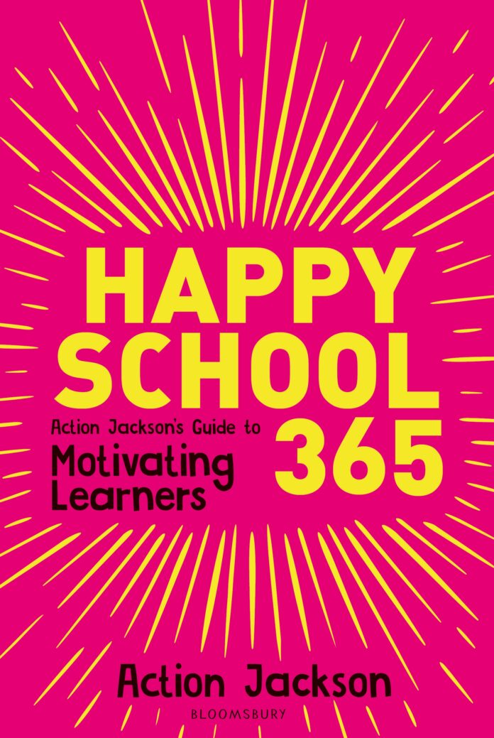 Happy School 365 The cover of 'happy school 365'. It is pink with yellow lettering and yellow lines going out from the title in the middle.